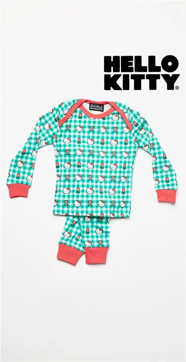Bed Head Hello Kitty Green Floral Gingham Stretch L/S 2pc PJ