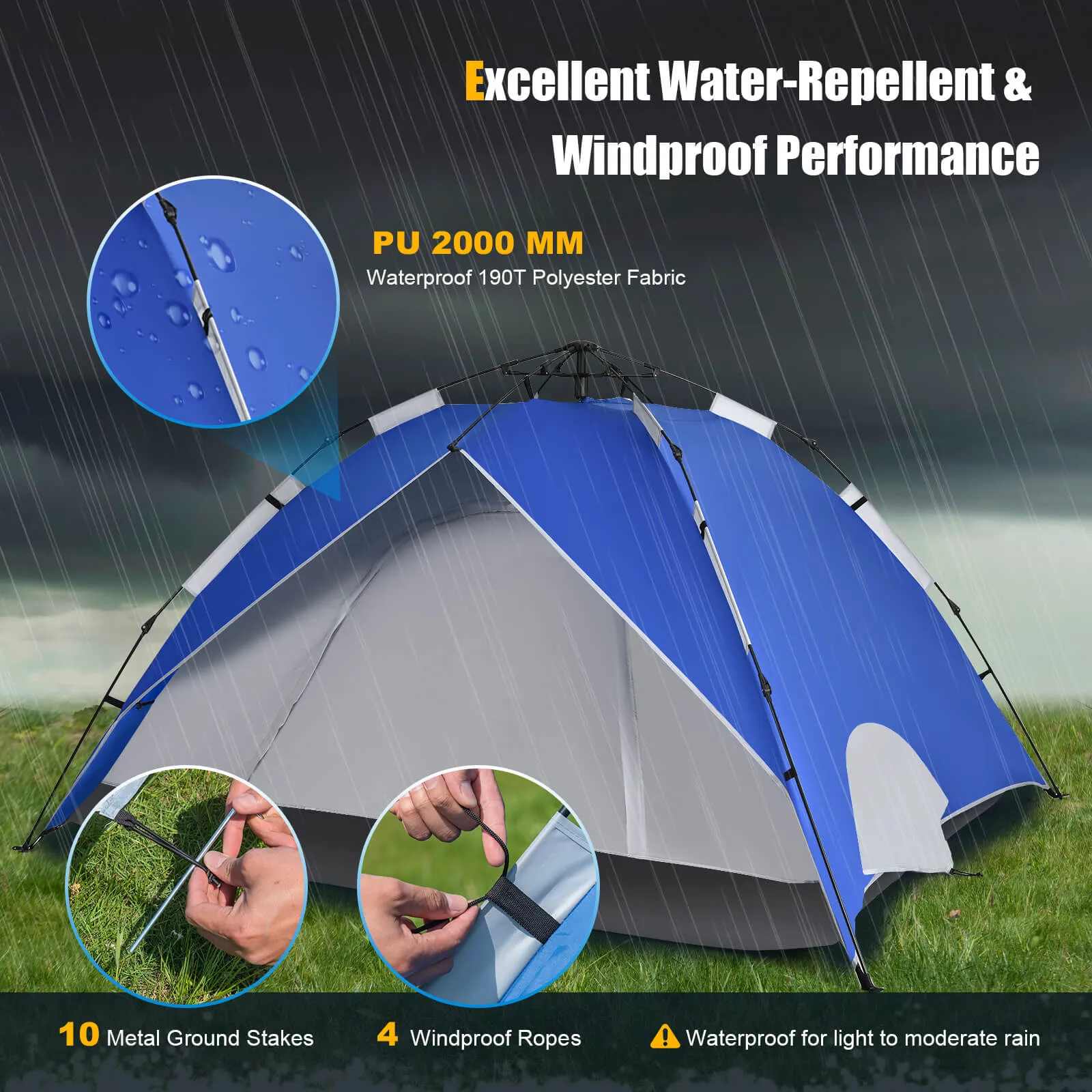 Instant Pop-Up Camping Tent for 4 Person with Carry Bag-Blue