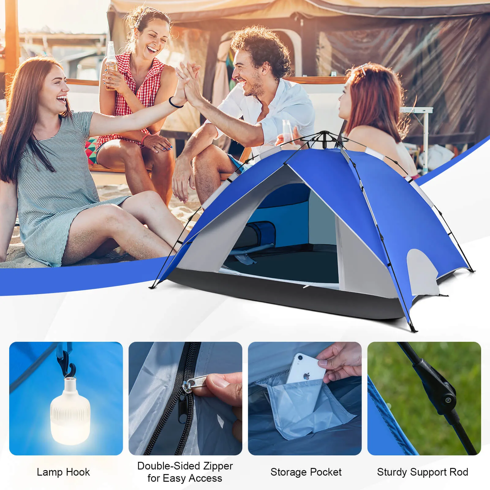 Instant Pop-Up Camping Tent for 4 Person with Carry Bag-Blue
