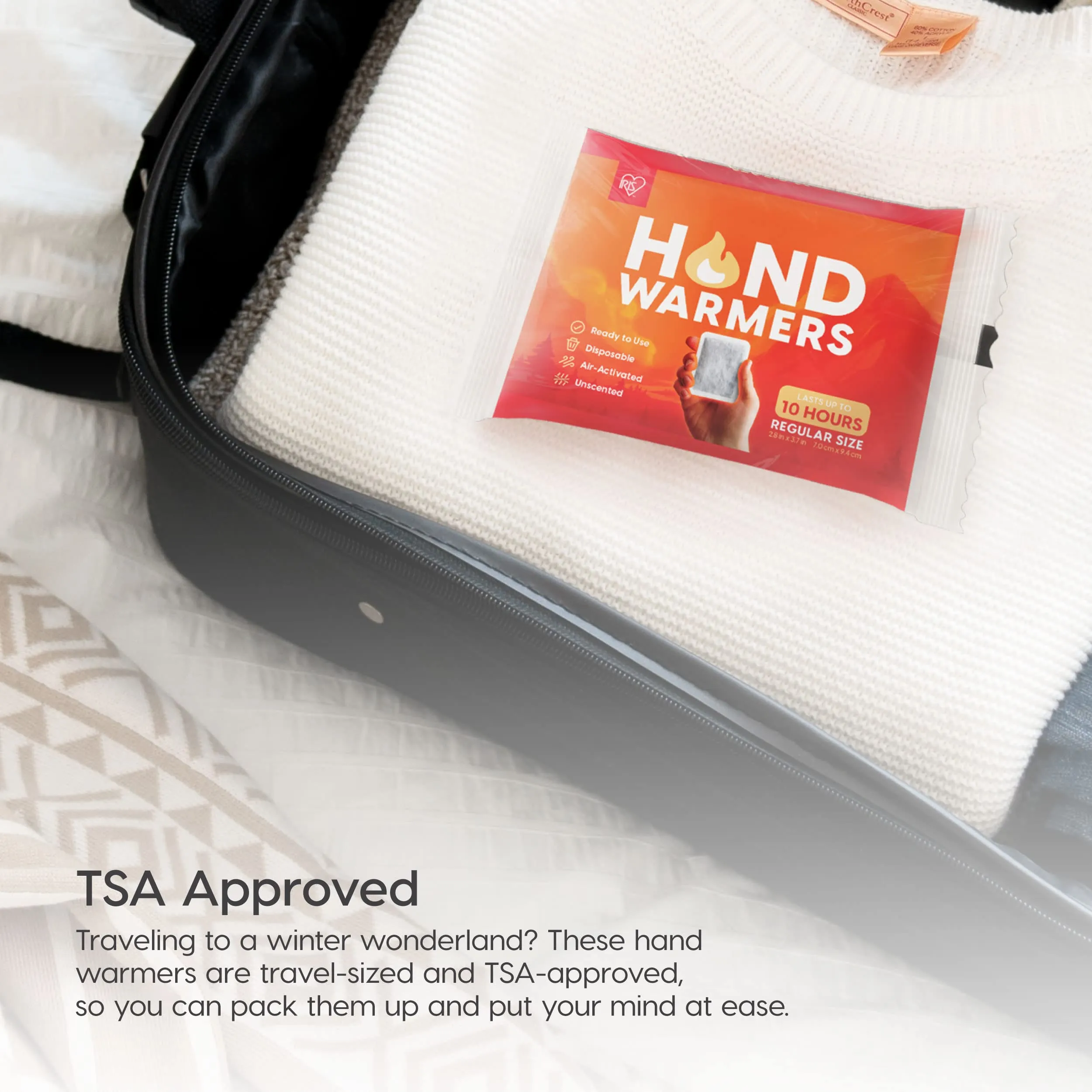 IRIS USA Hand Warmers  60 Individual Warmers, Long-Lasting Up To 10 Hours For Warm and Hot Hands, On The Go, TSA-Approved, Disposable, Bulk, Lasts 4 Years, For Hot Hands Handwarmers, Camping Skiing