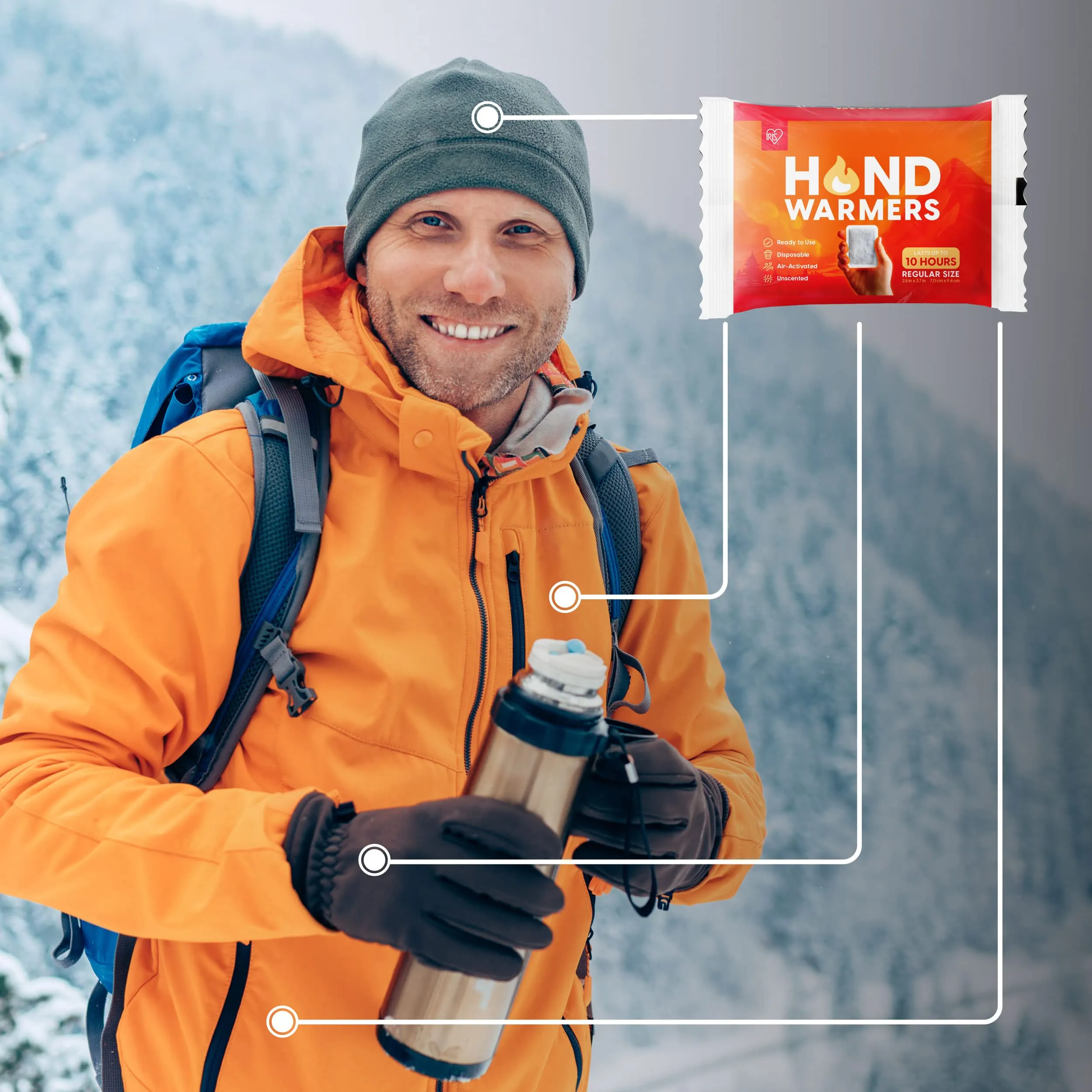 IRIS USA Hand Warmers  60 Individual Warmers, Long-Lasting Up To 10 Hours For Warm and Hot Hands, On The Go, TSA-Approved, Disposable, Bulk, Lasts 4 Years, For Hot Hands Handwarmers, Camping Skiing