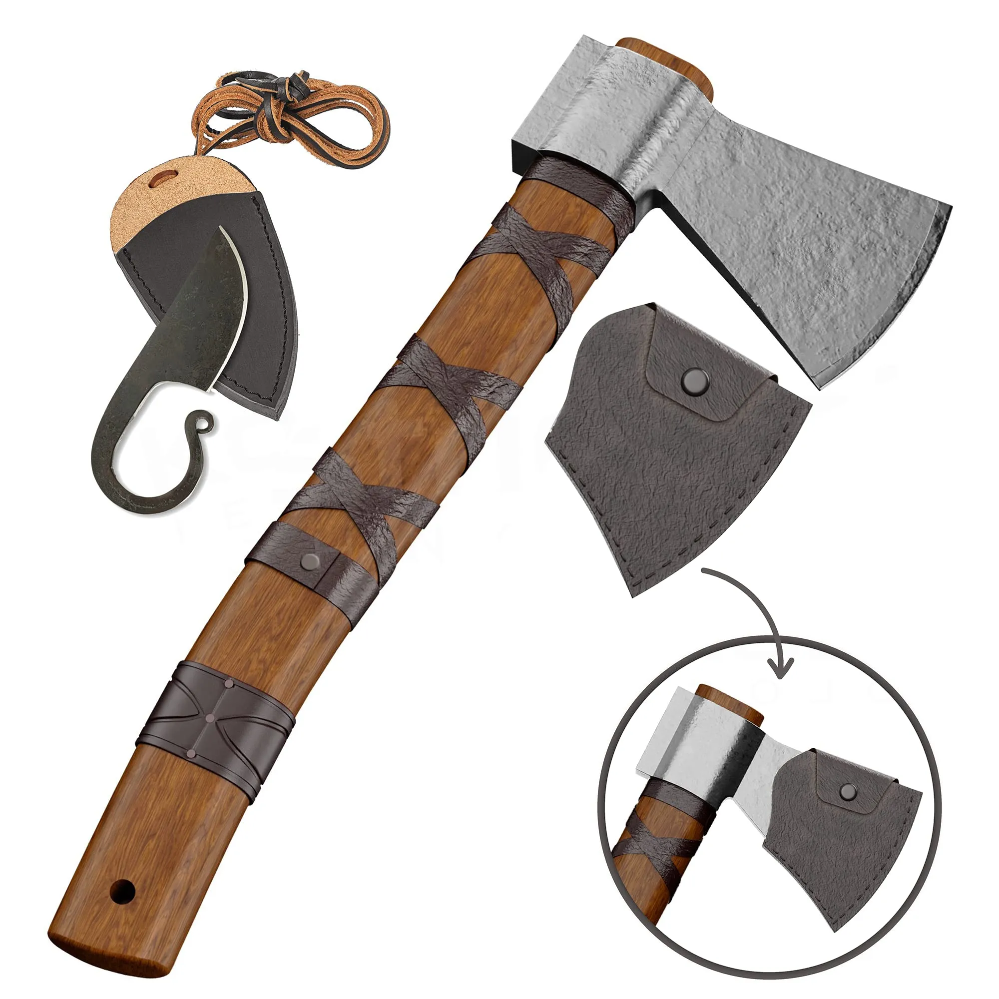 Viking Throwing Axe with Leather Sheath, Battle Hatchet, 14" Viking Axe, Real Viking Axe Weapon with Celtic Ring Knife Set, Viking Weapons for Survival or Target Throwing, Rustic & Dependable Weapons